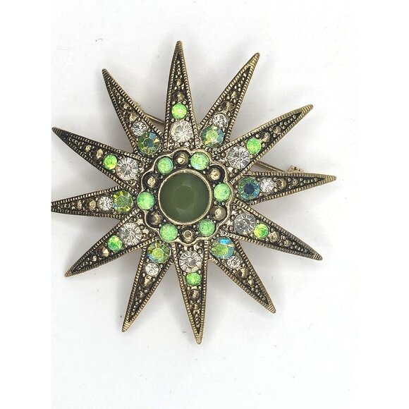 Monet Vintage Domed Starburst Brooch Uranium Glass Rhinestones Green AB Glow - Picture 2 of 5
